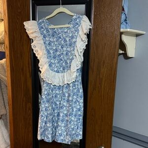 Chocolate Blue Floral Kids Dress with Cream Lace
